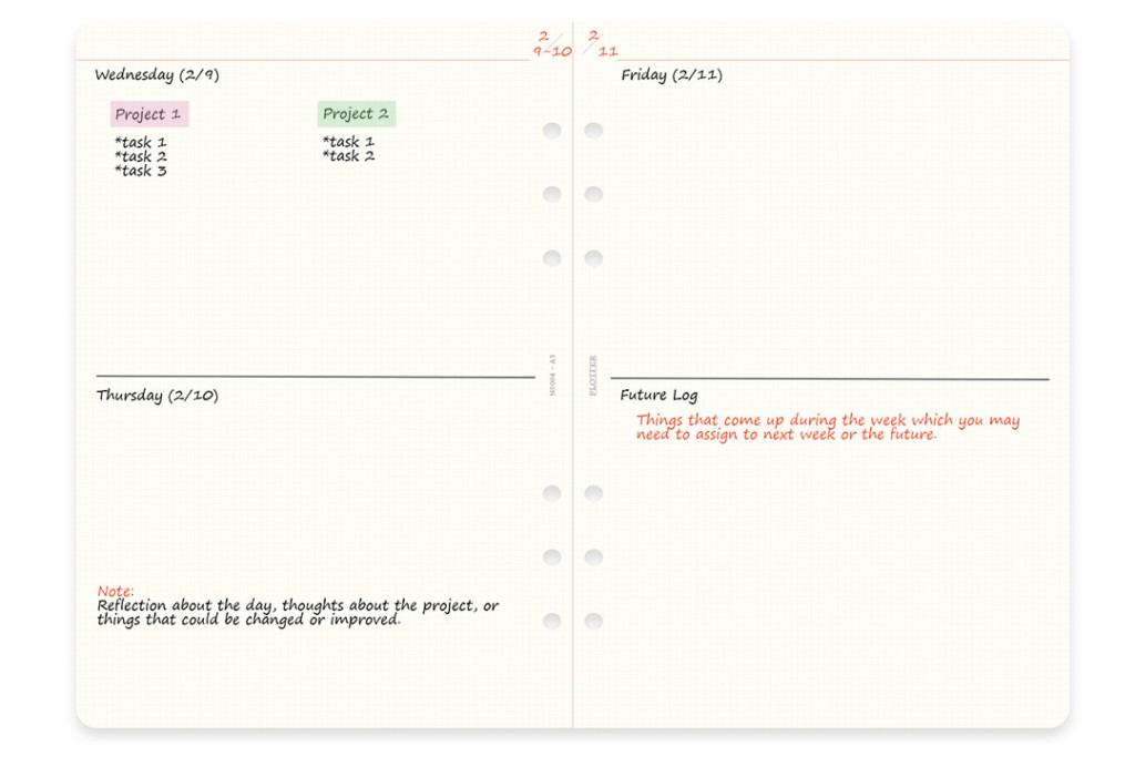 A5 Size 2 mm grid refills with sample calendar spread.