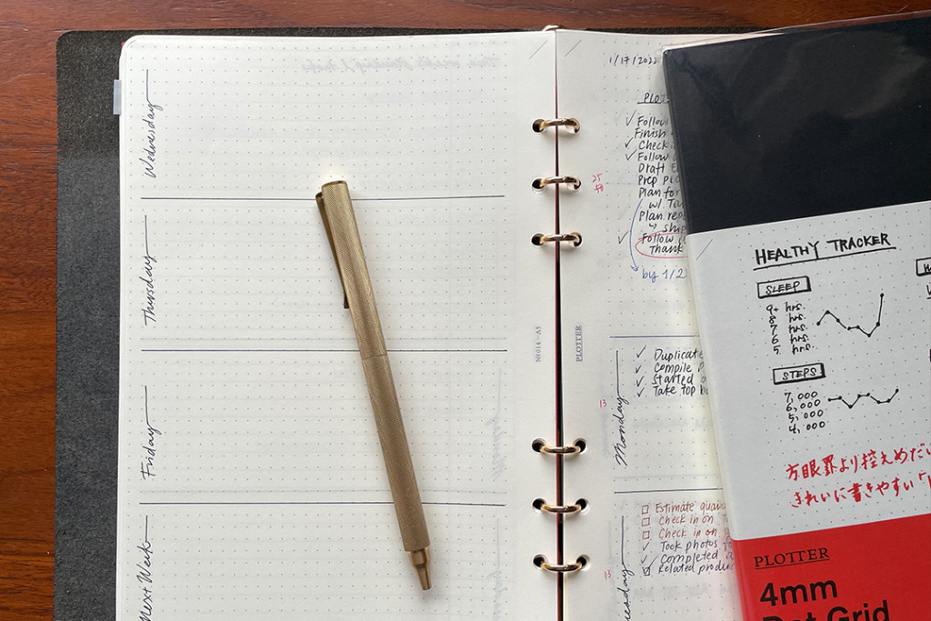 Example weekly schedule spread on A5 dot grid paper from PLOTTER note pad.