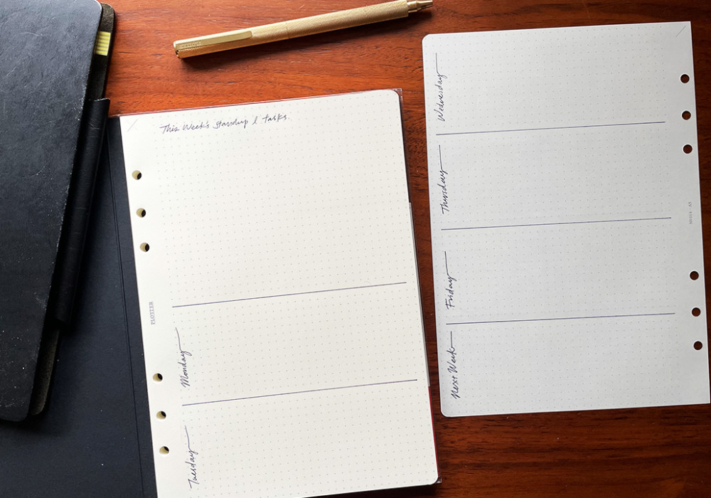 Example weekly schedule spread on A5 dot grid paper from PLOTTER notepad in A5 size.