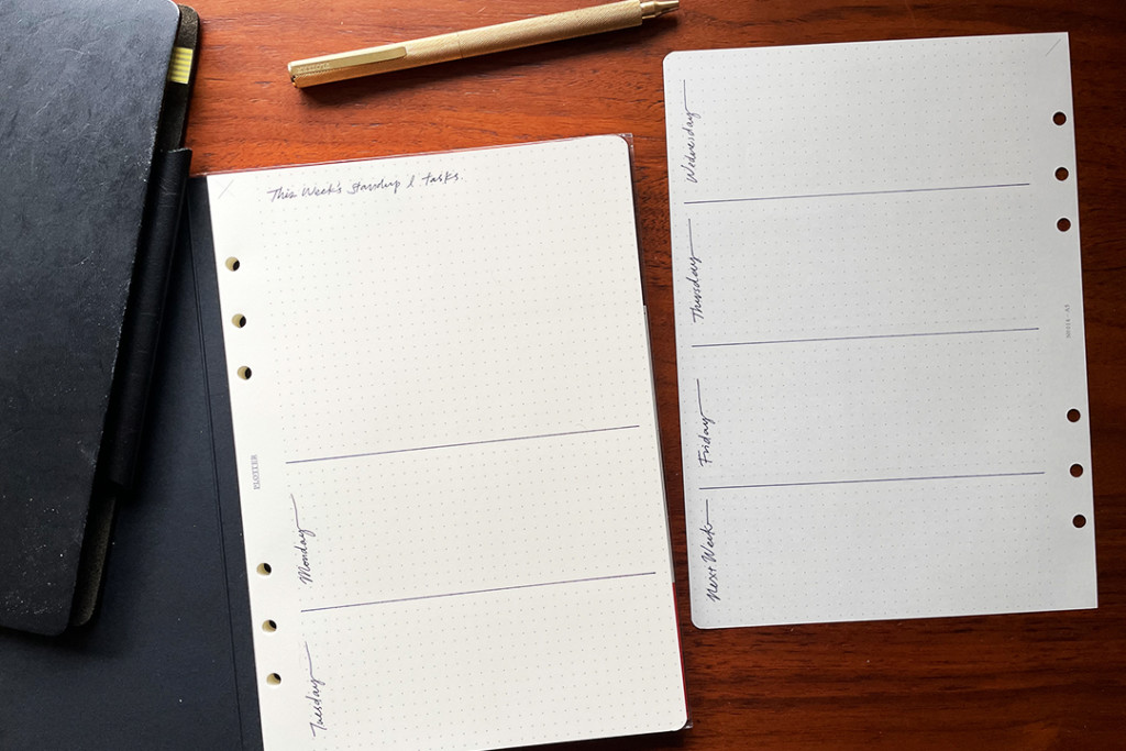 Example weekly schedule spread on A5 dot grid paper from PLOTTER notepad in A5 size.