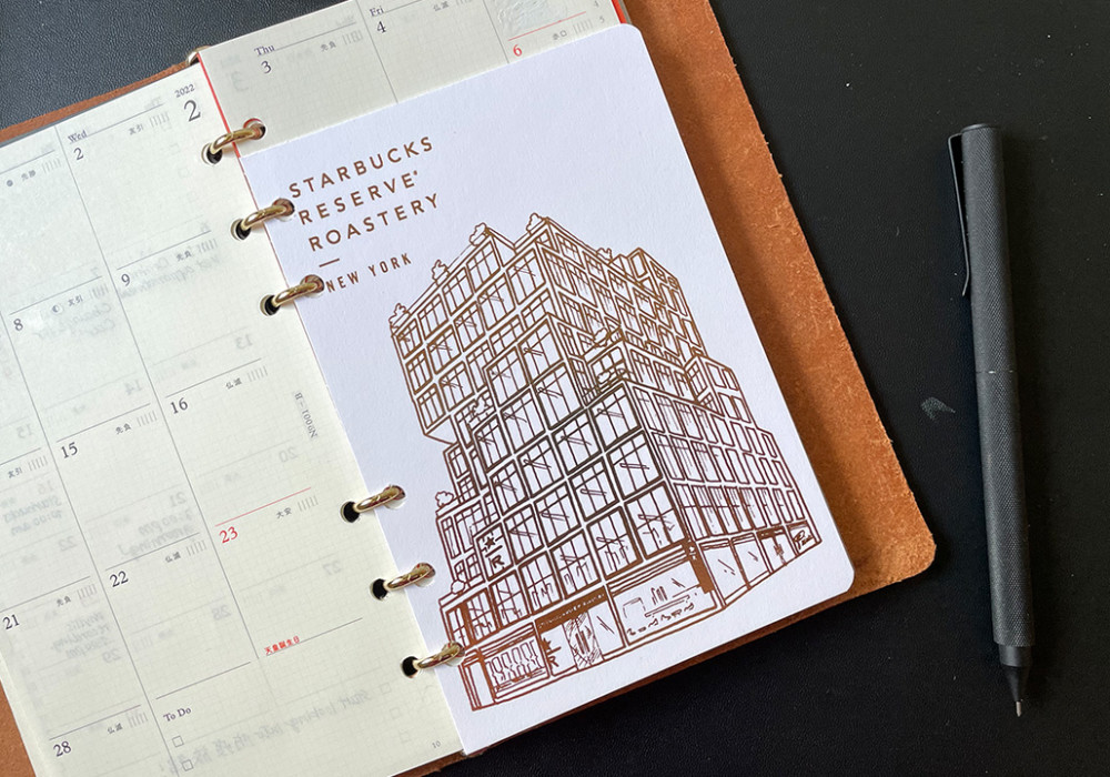 Postcard as divider in PLOTTER Leather Binder in Bible Size.