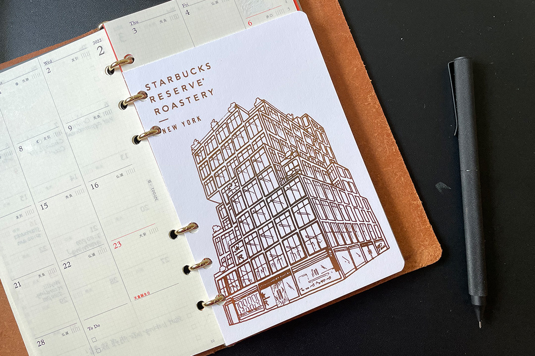 Postcard as divider in PLOTTER Leather Binder in Bible Size.