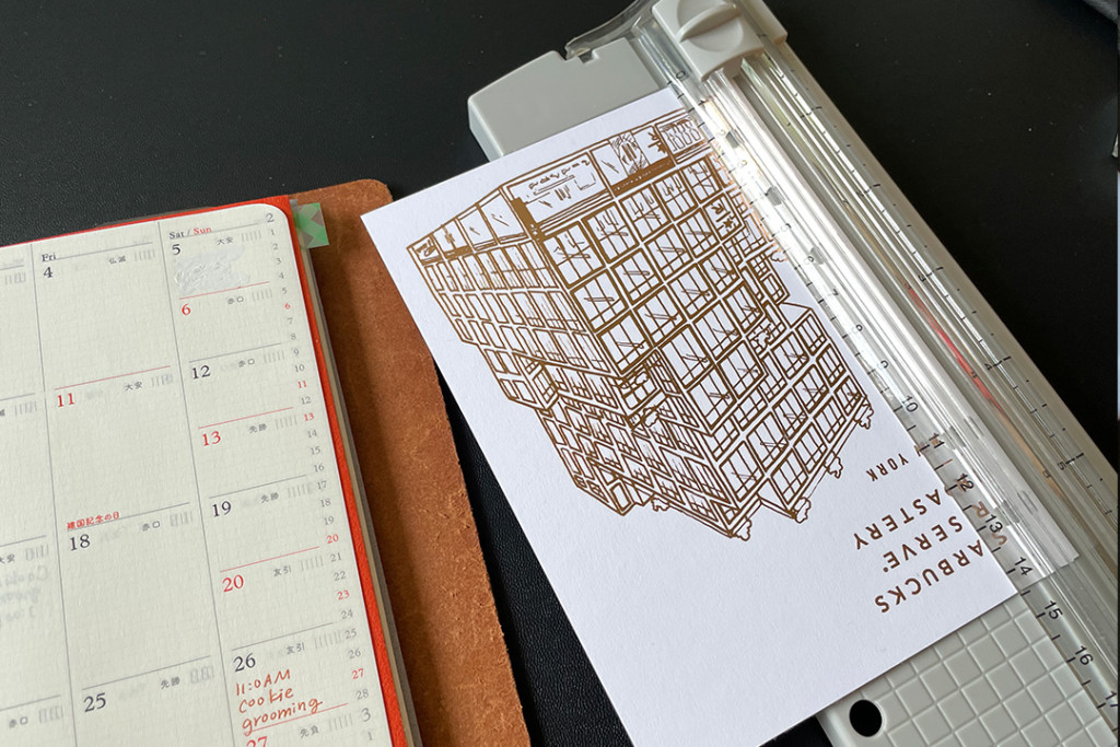 Cutting down edge of Postcard to fit in PLOTTER Leather Binder in Bible Size.