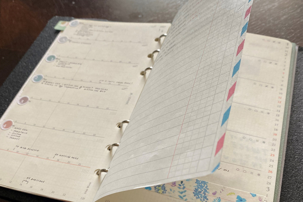 Close-up of Weekly Schedule Diary Refills in Bible Size PLOTTER Leather Binder.