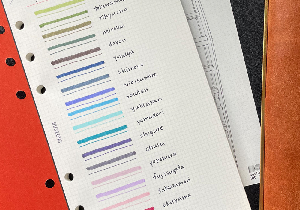 PLOTTER Refill Memo Pad Bible Size filled with color swatches with brush pens.