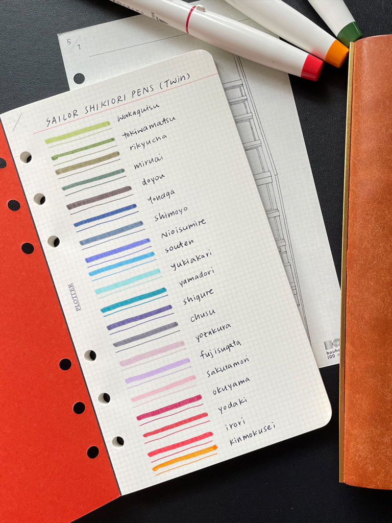PLOTTER Refill Memo Pad Bible Size filled with color swatches with brush pens.
