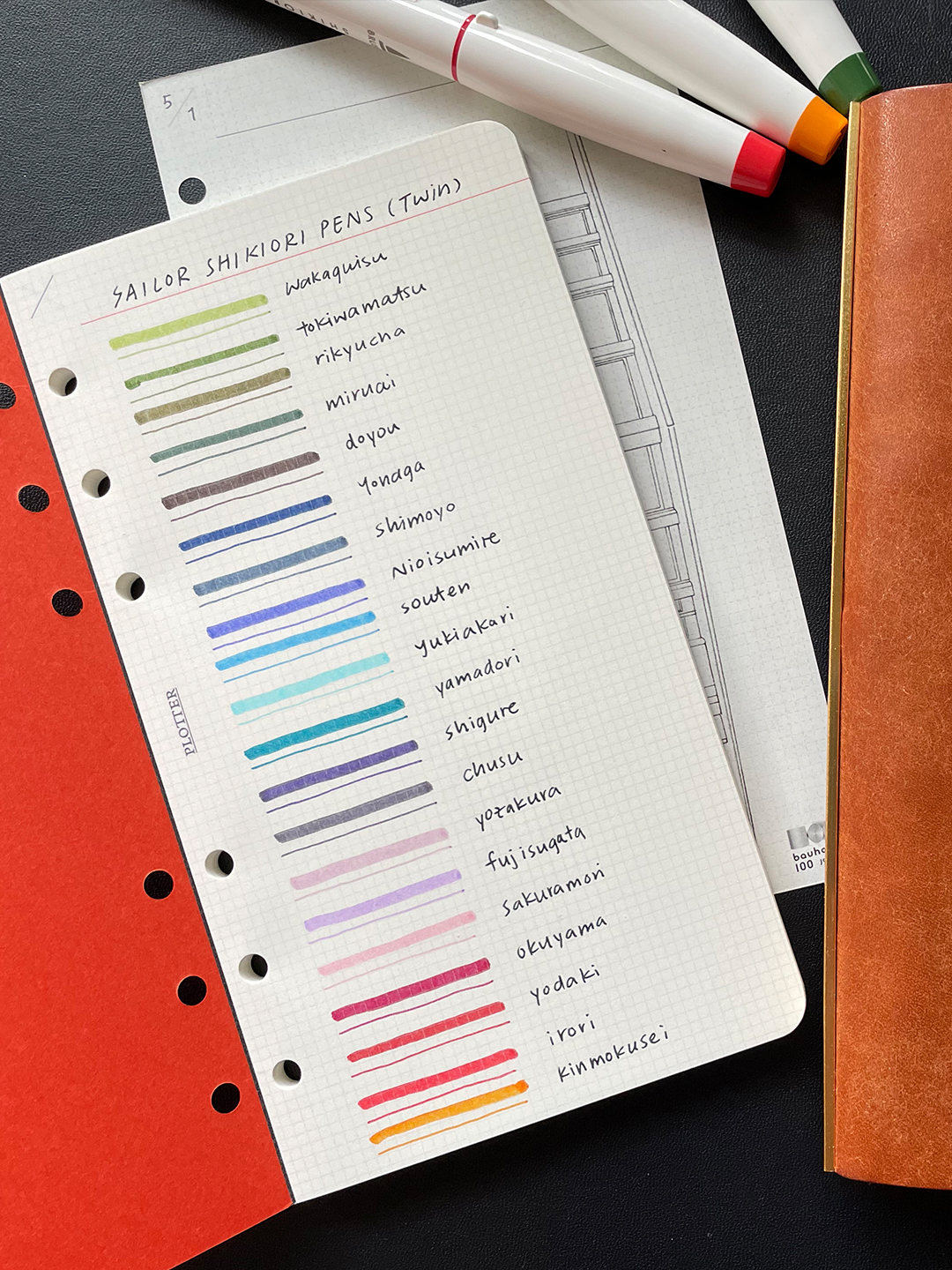 PLOTTER Refill Memo Pad Bible Size filled with color swatches with brush pens.