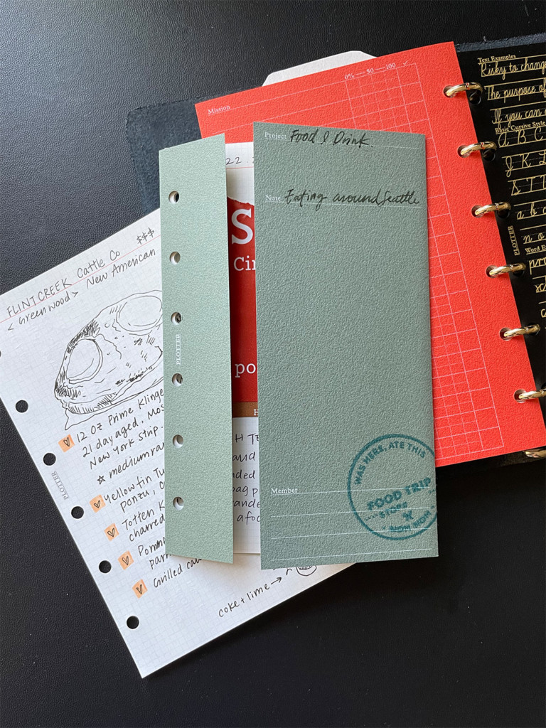 A PLOTTER Project Manager in Mini Size is used to keep a record of food reviews and tea packaging.