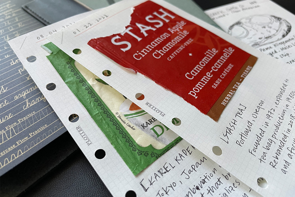 A close up view of PLOTTER Refill pages in Mini Size that records different reviews of tea bags.