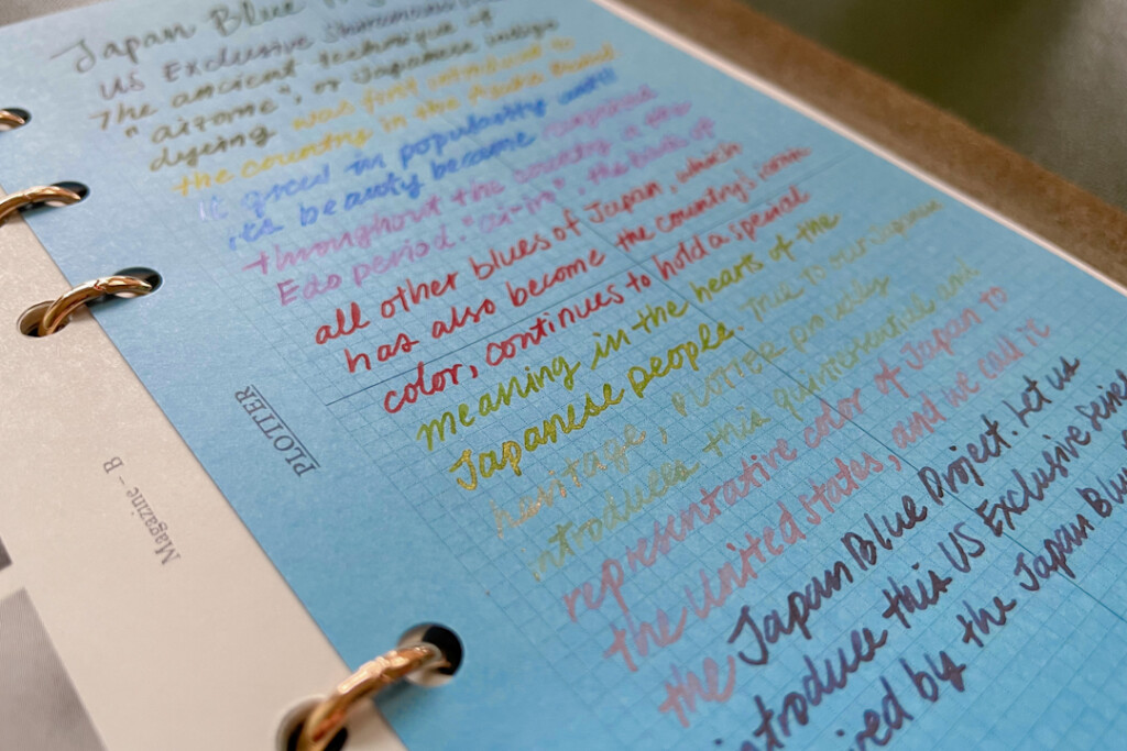 A close up of how different ink colors show up on PLOTTER Blue Paper.