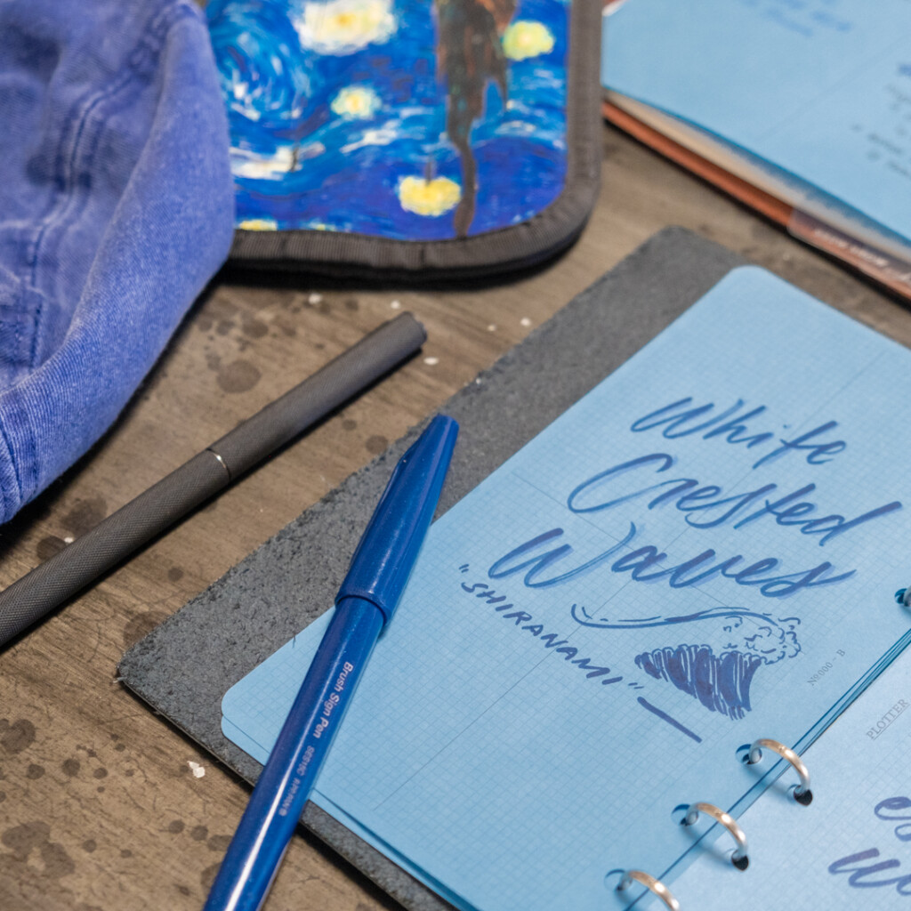 A drawing of "white crested waves" on a PLOTTER Blue Paper Refill sample.