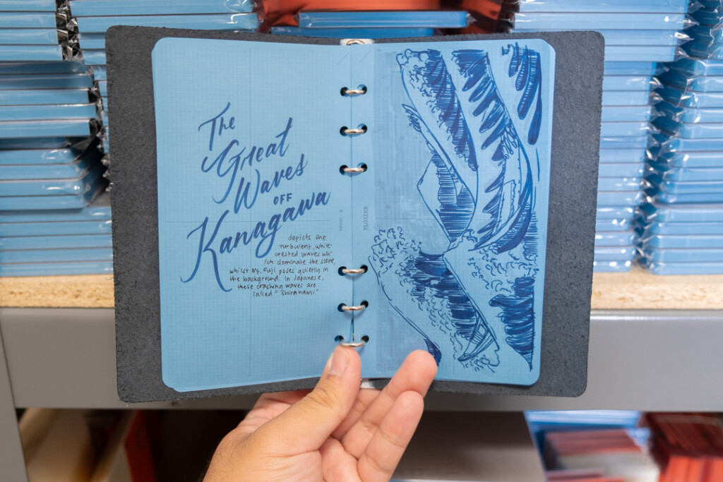 A hand holding up a PLOTTER in Bible Size displaying drawings of "The Great Waves off Kanagawa"