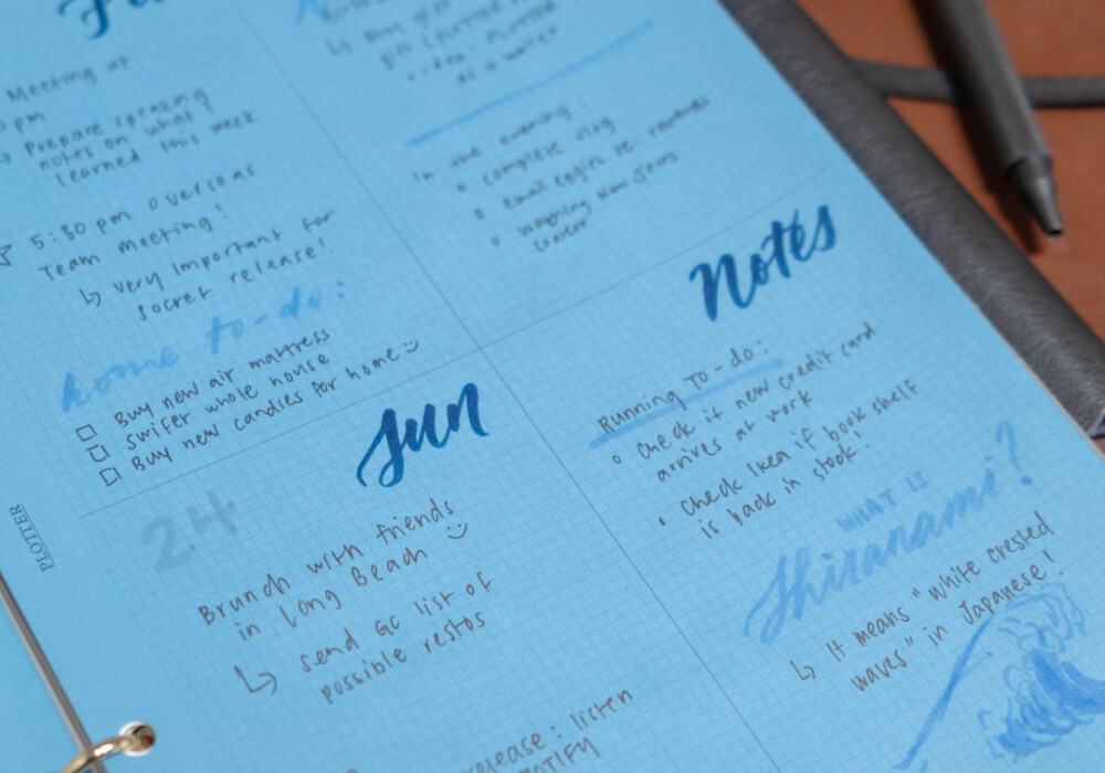 Close up of PLOTTER Blue Paper Refill in A5 Size with usage examples.