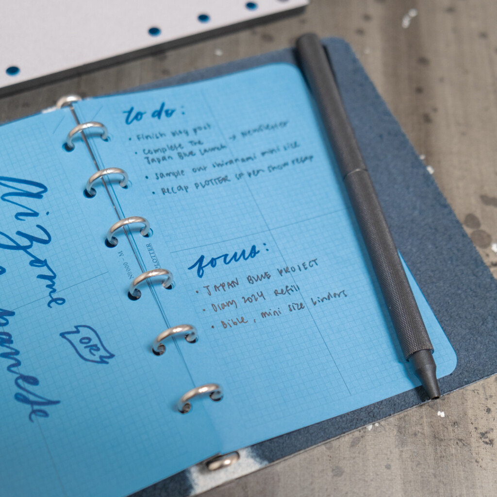 PLOTTER Blue Paper refill in Mini Size with an example of To-do and Focus categories.