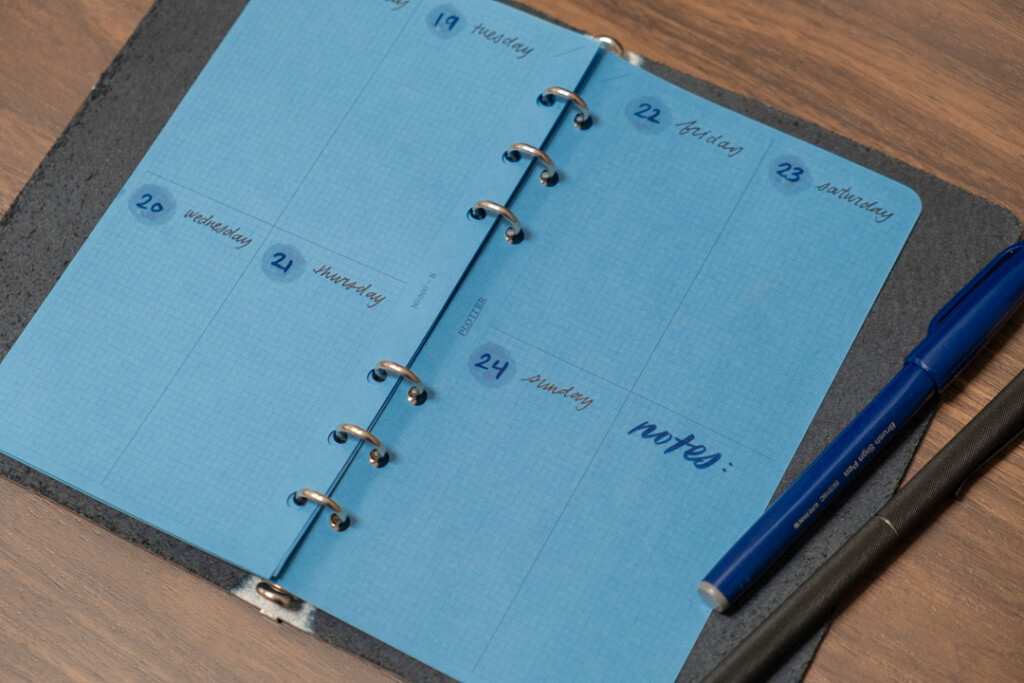 A sample of PLOTTER Blue Paper in Bible Size featuring a weekly layout across eight boxes.