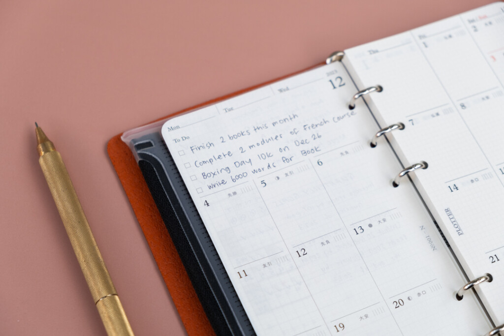 A close up of the Monthly Schedule view of a PLOTTER Diary Refill in Narrow Size featuring goal setting.