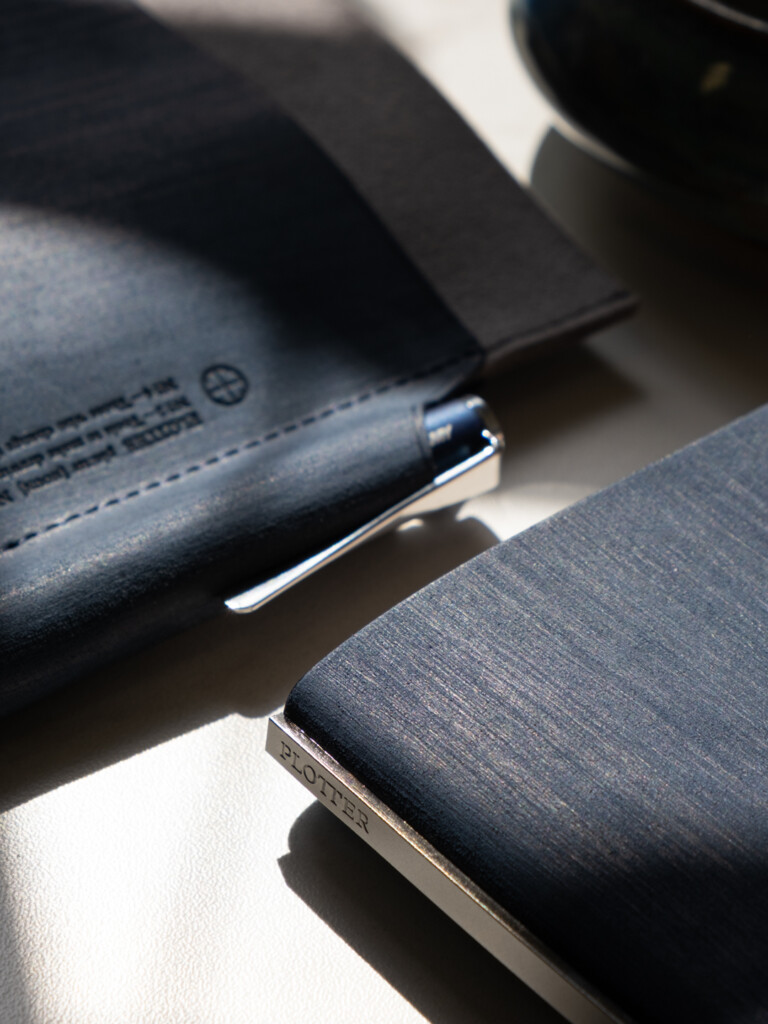PLOTTER Horse Hair II Leather in navy blue on the Leather Binder Case and Leather Binder.