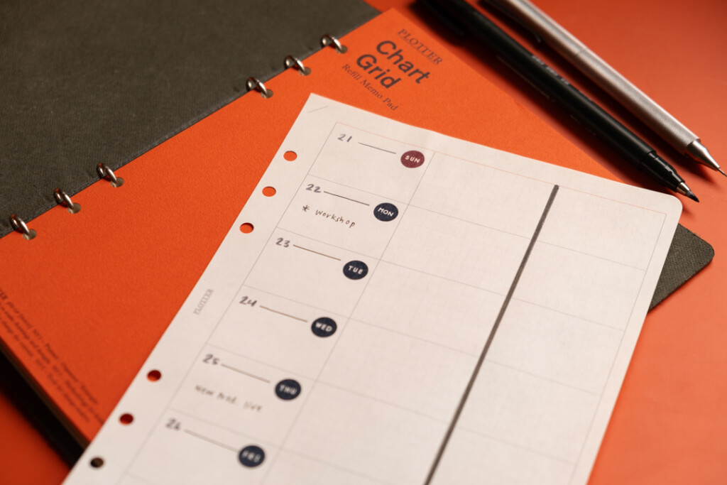 Close-up of A5 Chart Grid refill used as a weekly schedule.