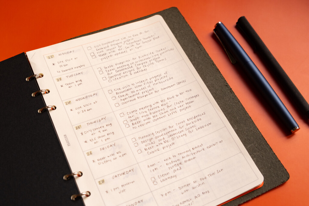 A5 Chart Grid refill used as a weekly schedule in A5 Size PLOTTER Leather binder.