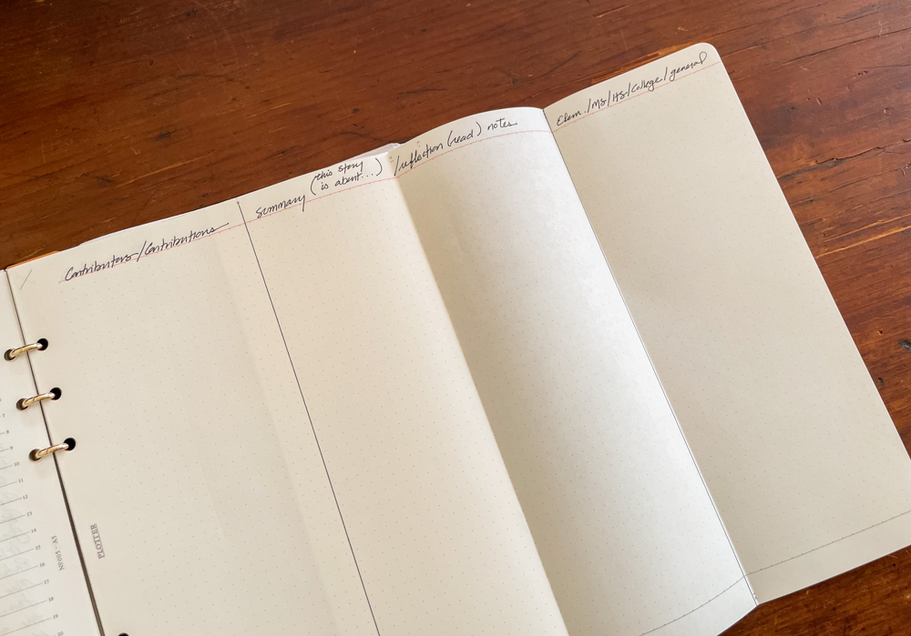 Handwritten notes on PLOTTER A4 paper inside a PLOTTER Leather Binder A5 size.