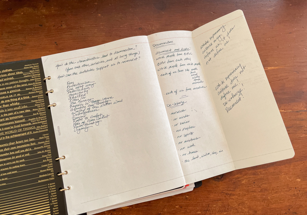 Handwritten notes on PLOTTER A4 paper inside a PLOTTER Leather Binder A5 size.
