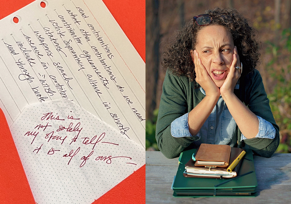 Two photos: Close-up of handwritten notes and portrait of Tiffany Jewell.