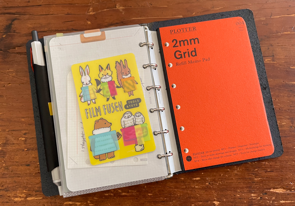 Inside a PLOTTER leather binder with decorative stationery.