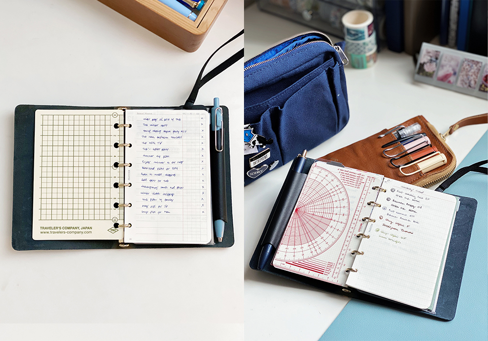 Two photos in a collage: PLOTTER Mini Size open with a to-do list and a page of notes in a PLOTTER.