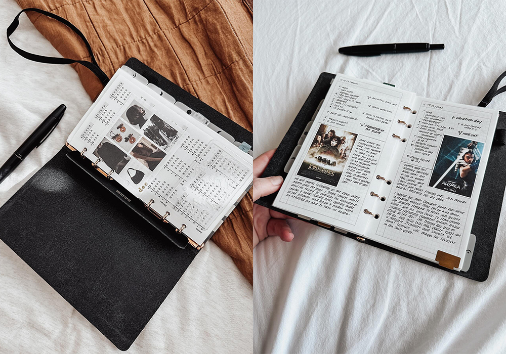 Two photos in a collage: PLOTTER Bible Size open with a yearly calendar and a page of journaling with photos.