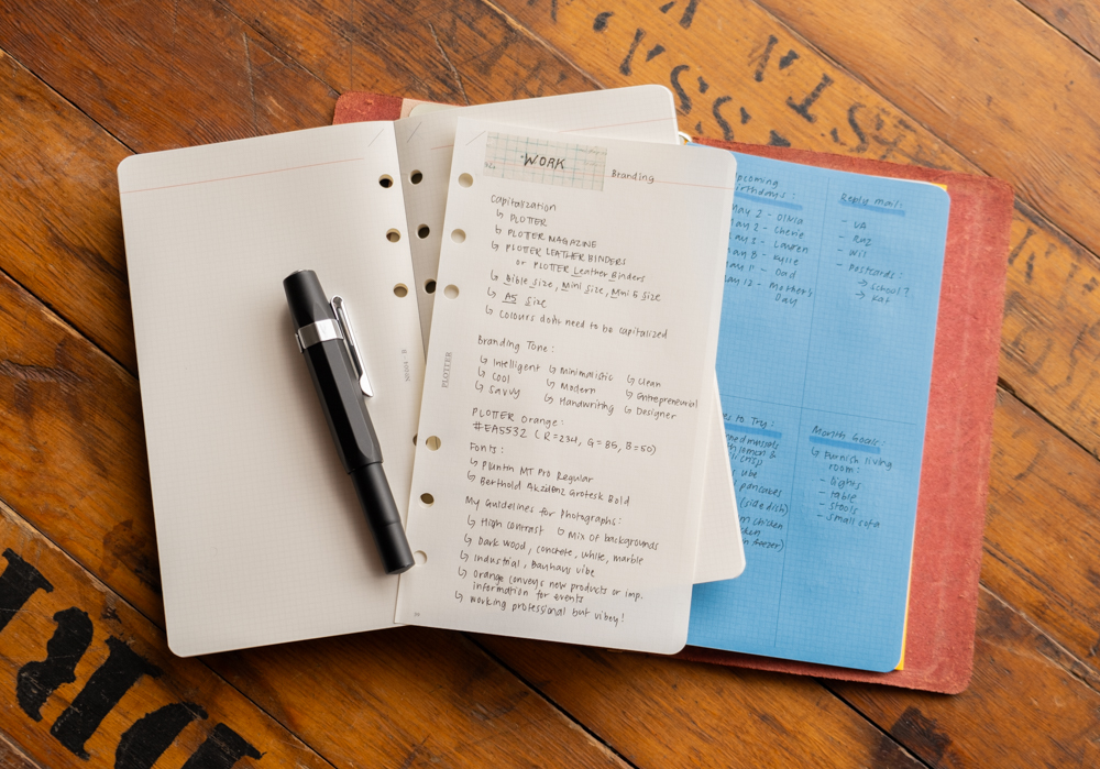 Work notes on 2mm grid paper on top of open refill memo pad and open PLOTTER leather binder.
