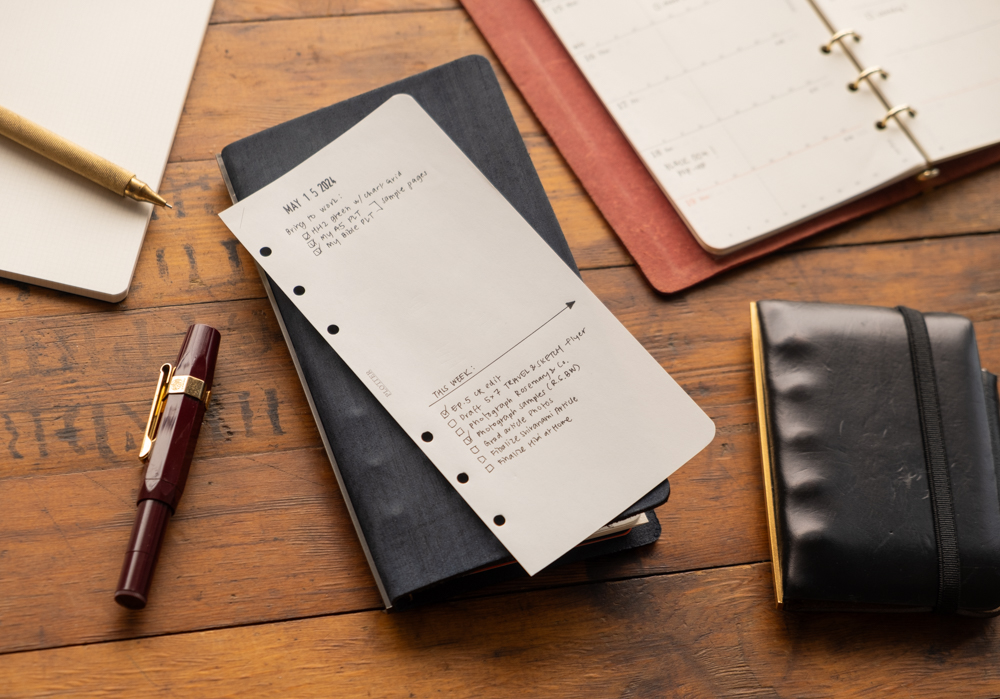 Daily notes on top of a Narrow Size PLOTTER leather binder.