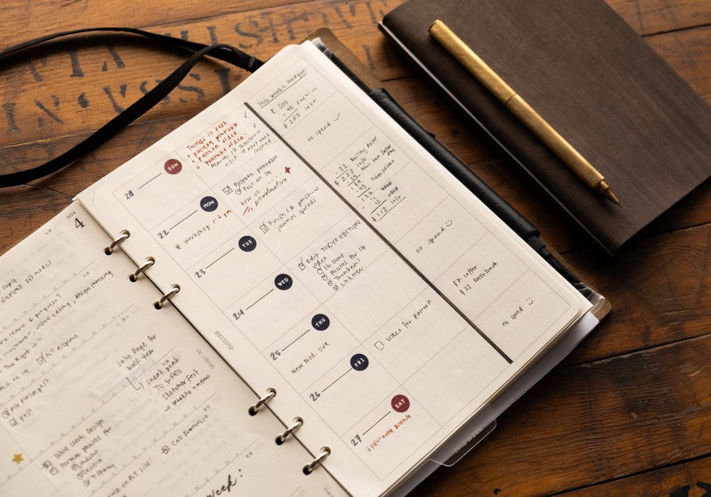 Weekly schedule notes on Chart Grid paper inside a PLOTTER leather binder.