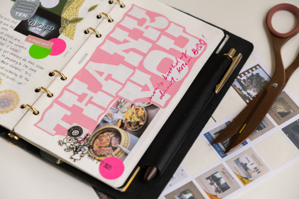 Close up of creative journal page in PLOTTER Leather Binder that features a large pink "Thank You" on the paper of the PLOTTER Bible Size.