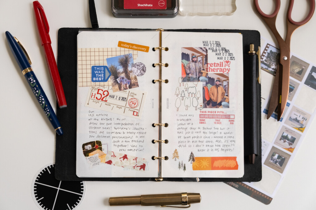 Creative journal page which document a person's travels to Joshua Tree and their outfits in their PLOTTER Leather Binder in the Bible Size.