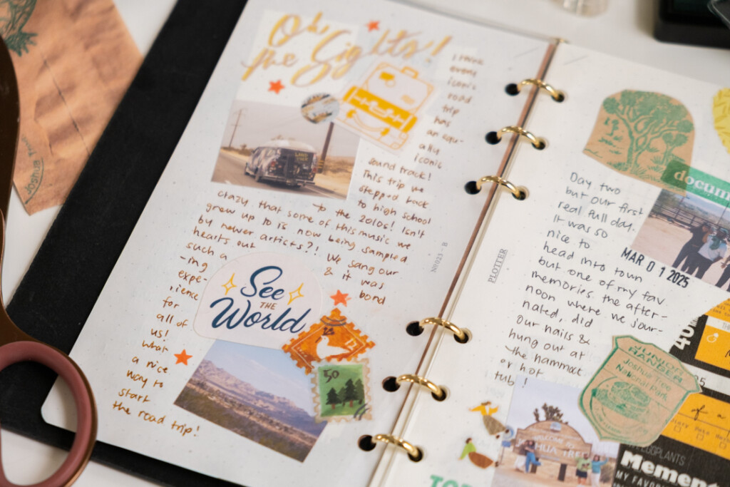 Close up of creative journal page in PLOTTER Leather Binder in the Bible Size.