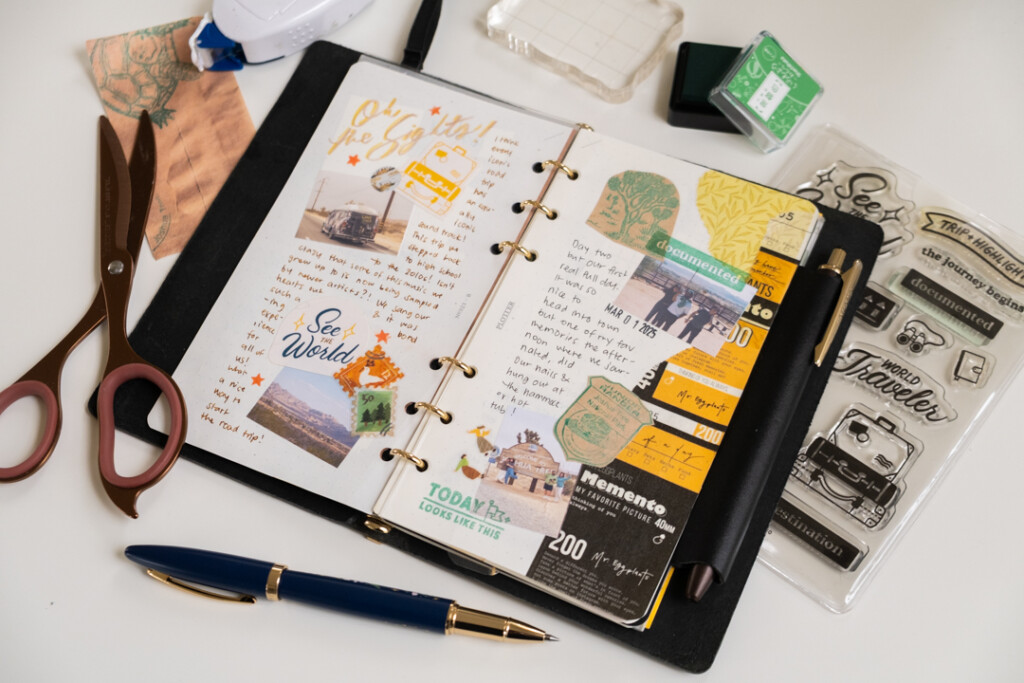 Creative journal page which document a person's travels to Joshua Tree and their outfits in their PLOTTER Leather Binder in the Bible Size.
