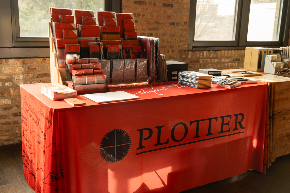 A full view of the PLOTTER USA table at the Chicago Stationery Fest.
