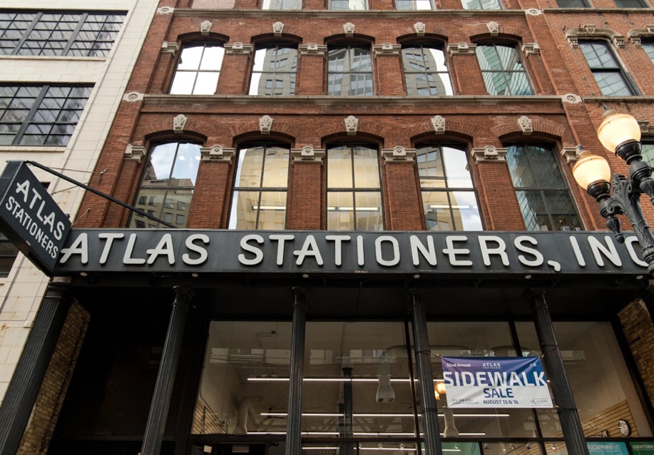 The outside facade of the Atlas Stationers store in Downtown Chicago.