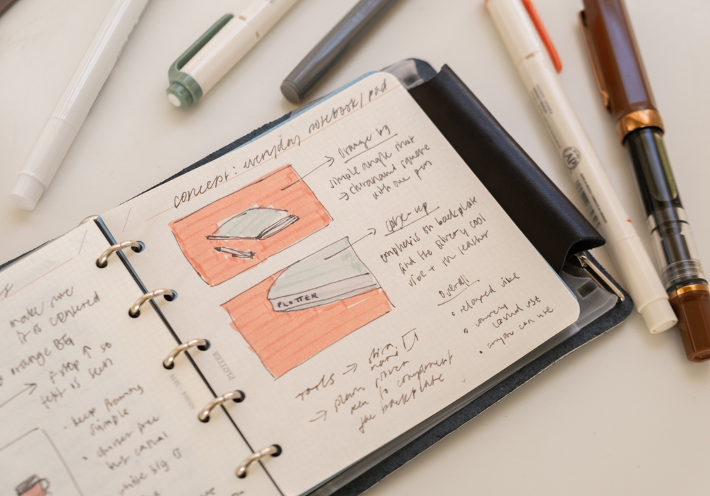 Sketches inside a PLOTTER Mini 5 Square Leather Binder about photography and shooting notes, beside a scatter of pens and writing tools.