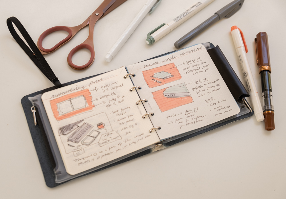 Sketches inside a PLOTTER Mini 5 Square Leather Binder about photography and shooting notes, beside a scatter of pens and writing tools.