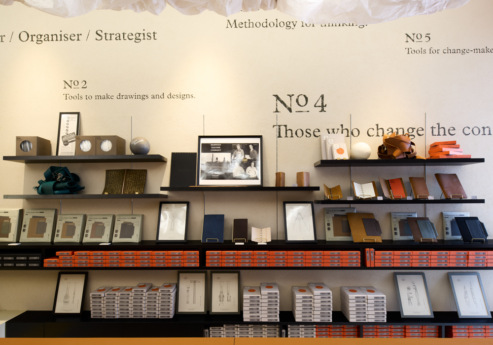 A row of display showcasing PLOTTER original items and regular line up of leather binders and accessories.