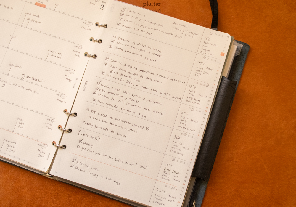 The PLOTTER Diary 2026 Weekly Schedule refill, filled in with a person's plans, to-do lists, tasks, and appointments.