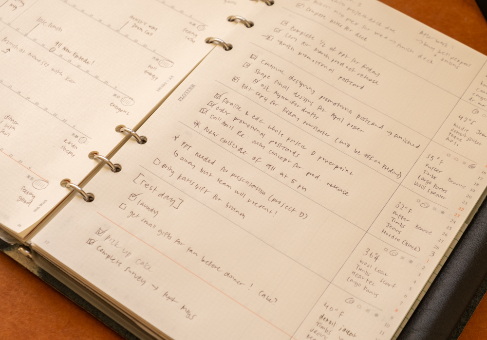 The PLOTTER Diary 2026 Weekly Schedule refill, filled in with a person's plans, to-do lists, tasks, and appointments on the right page of the spread.