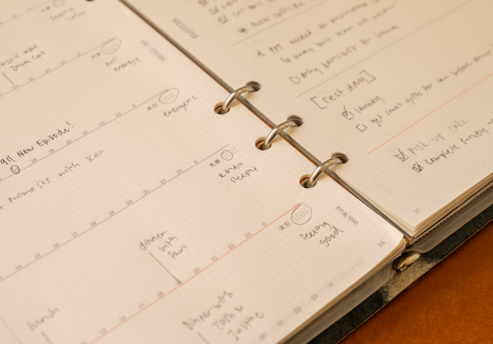 The PLOTTER Diary 2026 Weekly Schedule refill is filled with notes, especially the biorhythm tracker that is filled in on each daily section of the weekly planner.