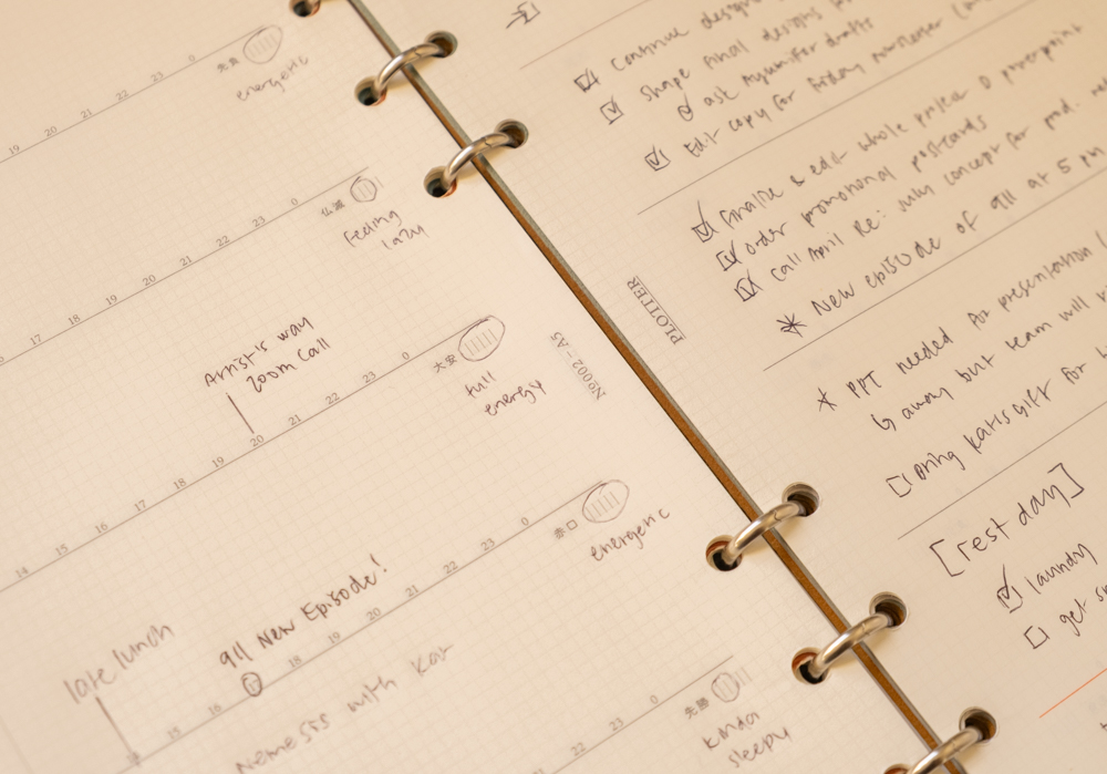 The PLOTTER Diary 2026 Weekly Schedule refill is filled with notes, especially the biorhythm tracker that is filled in on each daily section of the weekly planner.