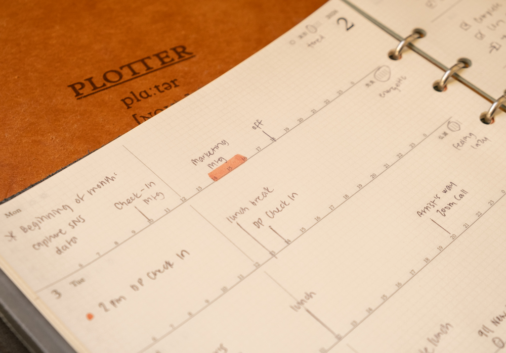 Top edge of the PLOTTER Diary 2026 Weekly Schedule refill, filled in with a person's daily plan written on the horizontal daily timeline, with important appointments indicated on the timeline.