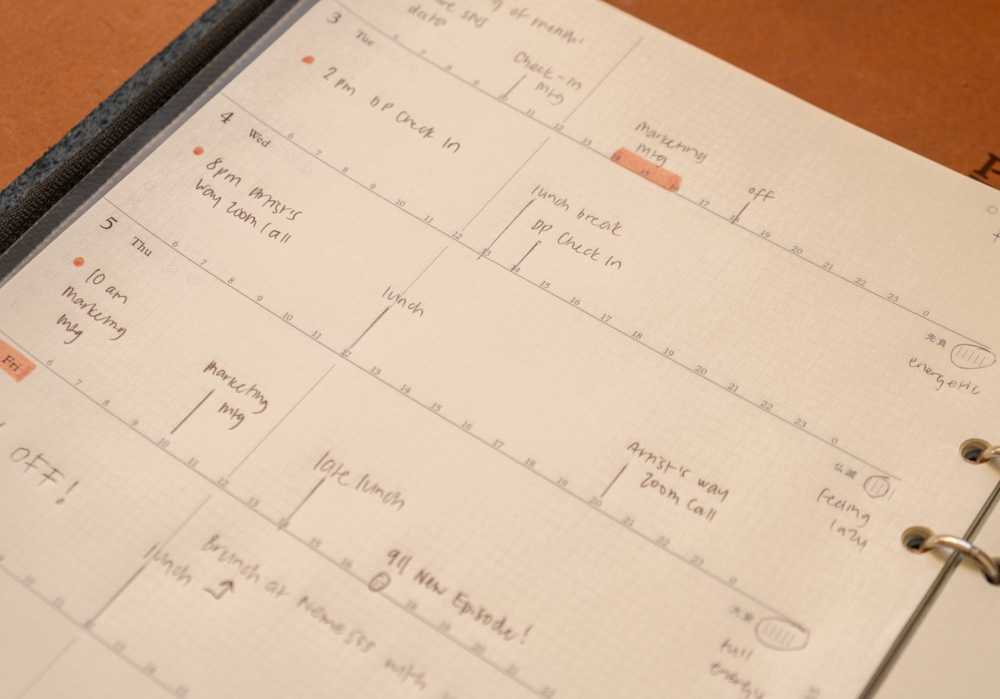 The PLOTTER Diary 2026 Weekly Schedule refill features a horizontal daily timeline, where a person's daily plan is written, with important appointments indicated on the timeline.
