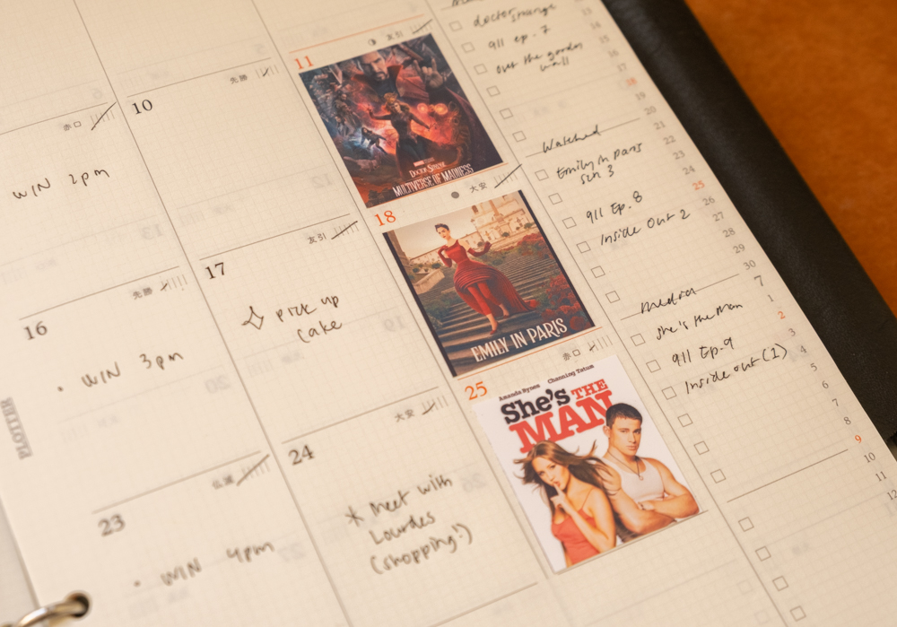 A person using the PLOTTER Diary 2026 Monthly Schedule to track what movie or show they watched on each Sunday of the month.