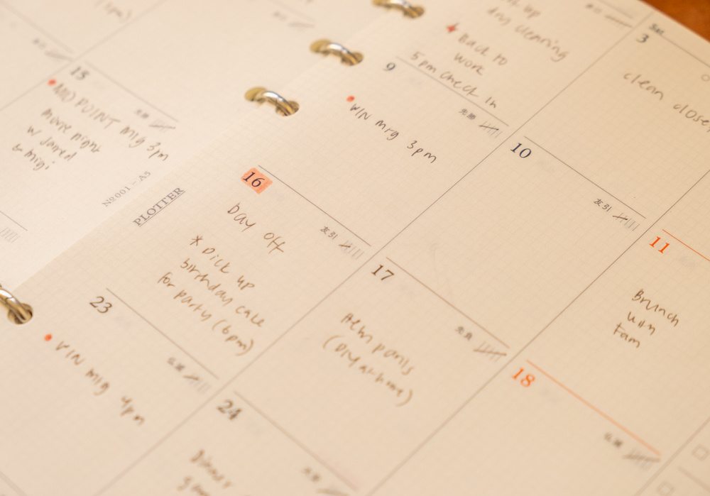 The PLOTTER Diary 2026 Monthly Schedule refill is filed with notes, especially the biorhythm tracker that is filled in on each daily box of the calendar.