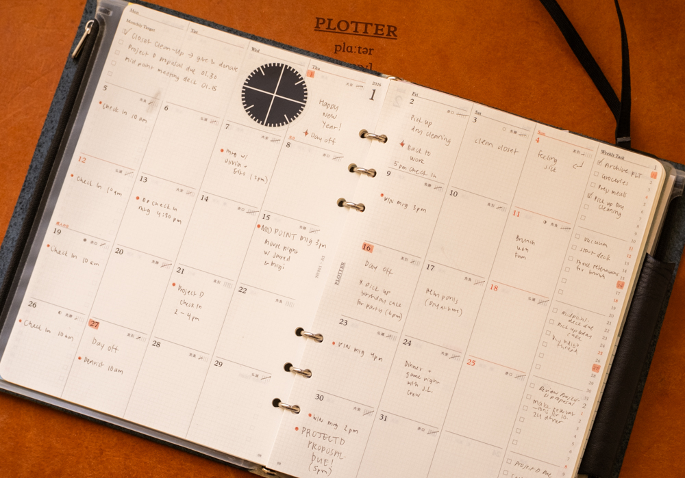 The PLOTTER Diary 2026 Monthly Schedule refill, filled in with a person's plans, to-do lists, tasks, and appointments.